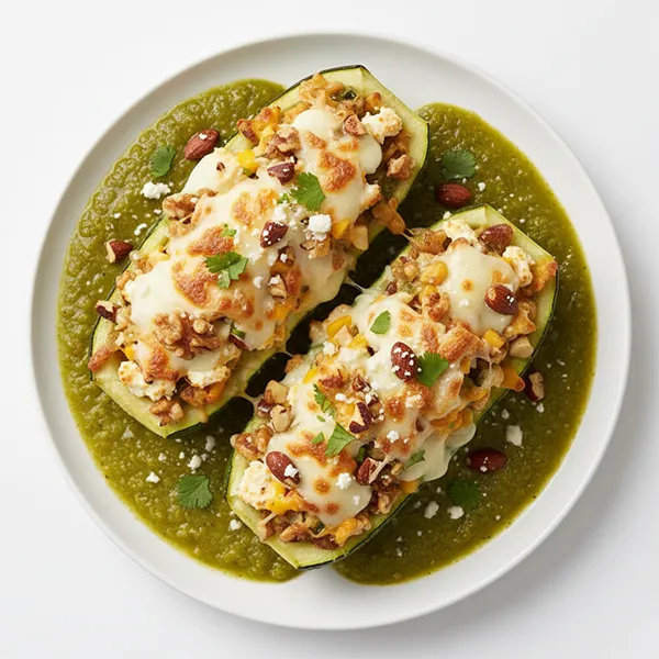 zucchini stuffed with cheese and nuts served with green enchilada sauce.